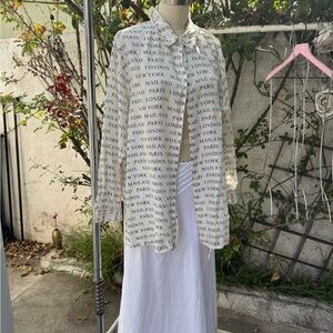 White Script-Print Button-Up Shirt 100% silk